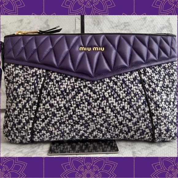 Rare Miu Miu Purple and Black Large Quilted Leather and Tweed clutch. - Picture 1 of 5